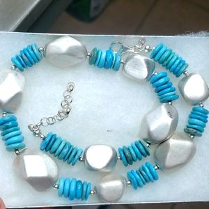 CA ITALY 925 TURQUOISE HEISHI STYLE & TEXTURED PUFFY BIG BEADS DESINGER NECKLACE